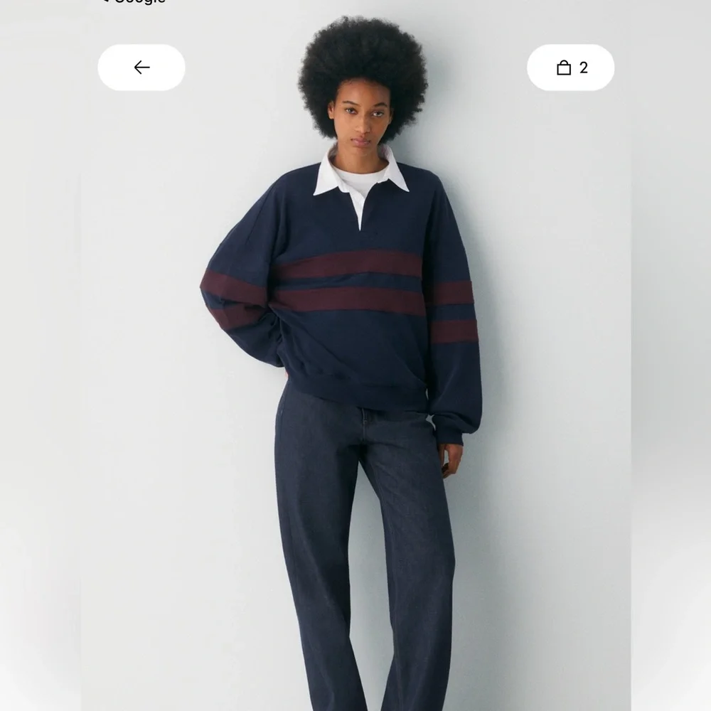 Aritzia Navy Sweatshirt with White Collar and Burgundy Stripes - Picture 2 of 5